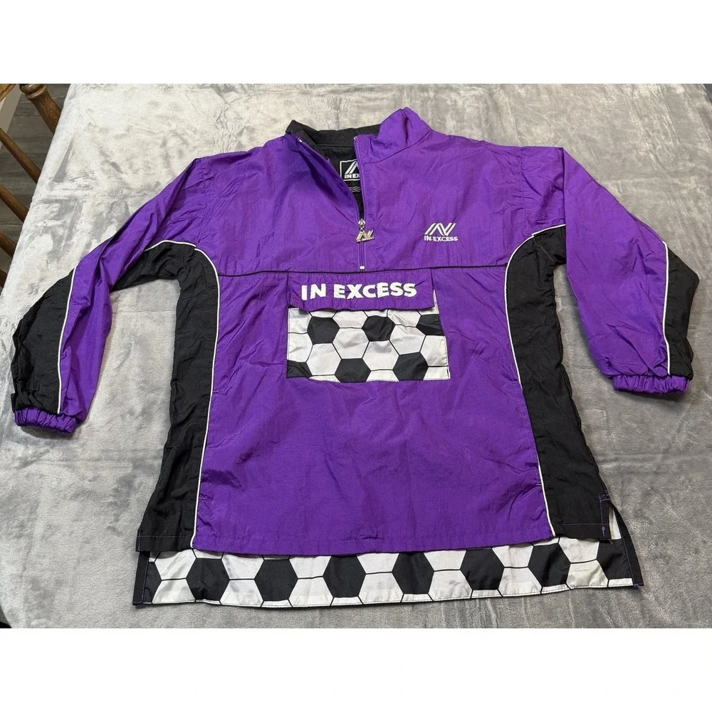 VINTAGE In Excess Soccer Themed Purple Windbreaker Quarter Zip Womens Large (14)